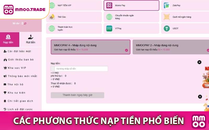 Các phương thức nạp tiền phổ biến ở nhà cái MMOO